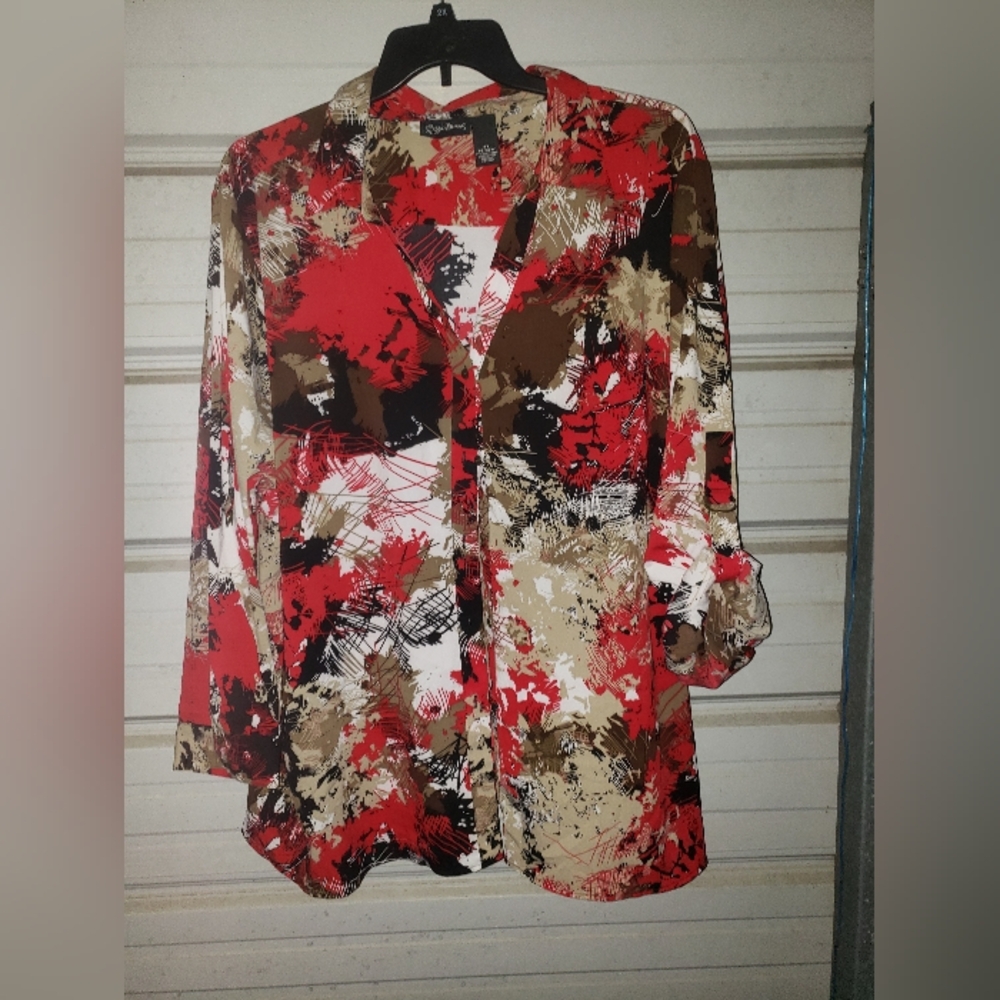 4x Plus Size 30 32 Red Tan Work Blouse Top Shirt Womens